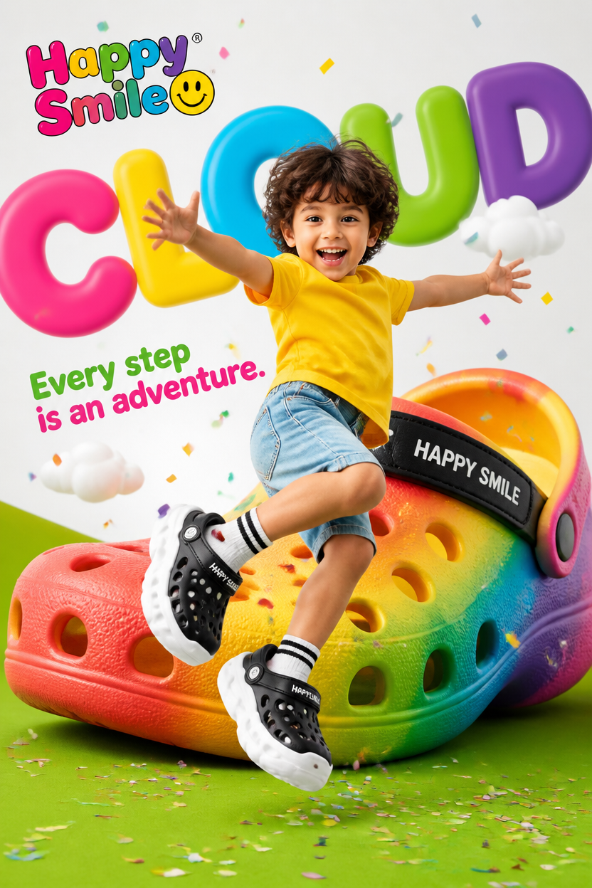 Bright colorful children's shoe brand advertisement for "Happy Smile☺️", happy y