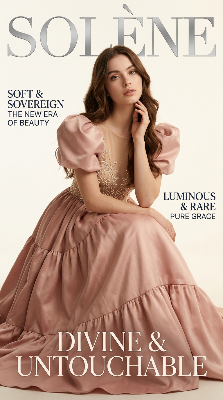 A breathtaking luxury fashion magazine cover. Large bold silver serif brand name