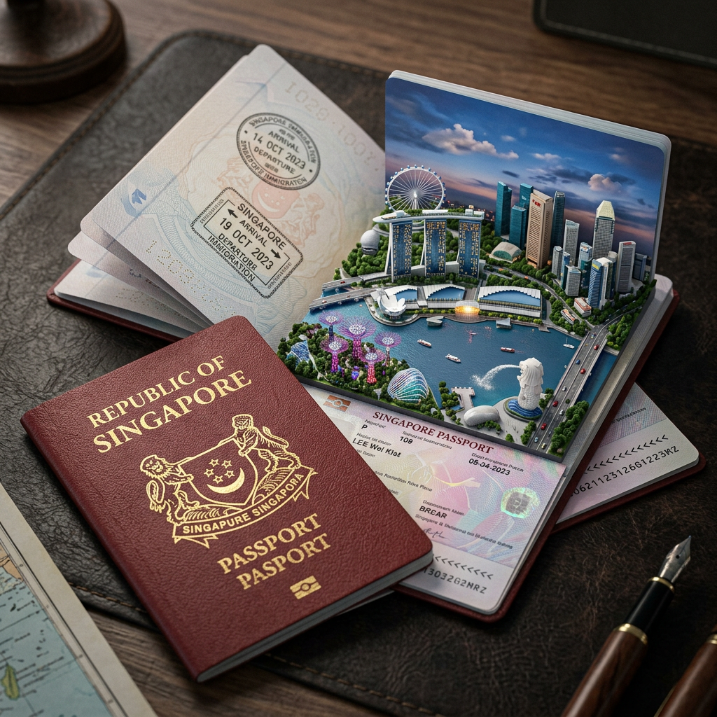 Hyper-realistic open [Singapore] passport on a studio surface, with gold-embosse