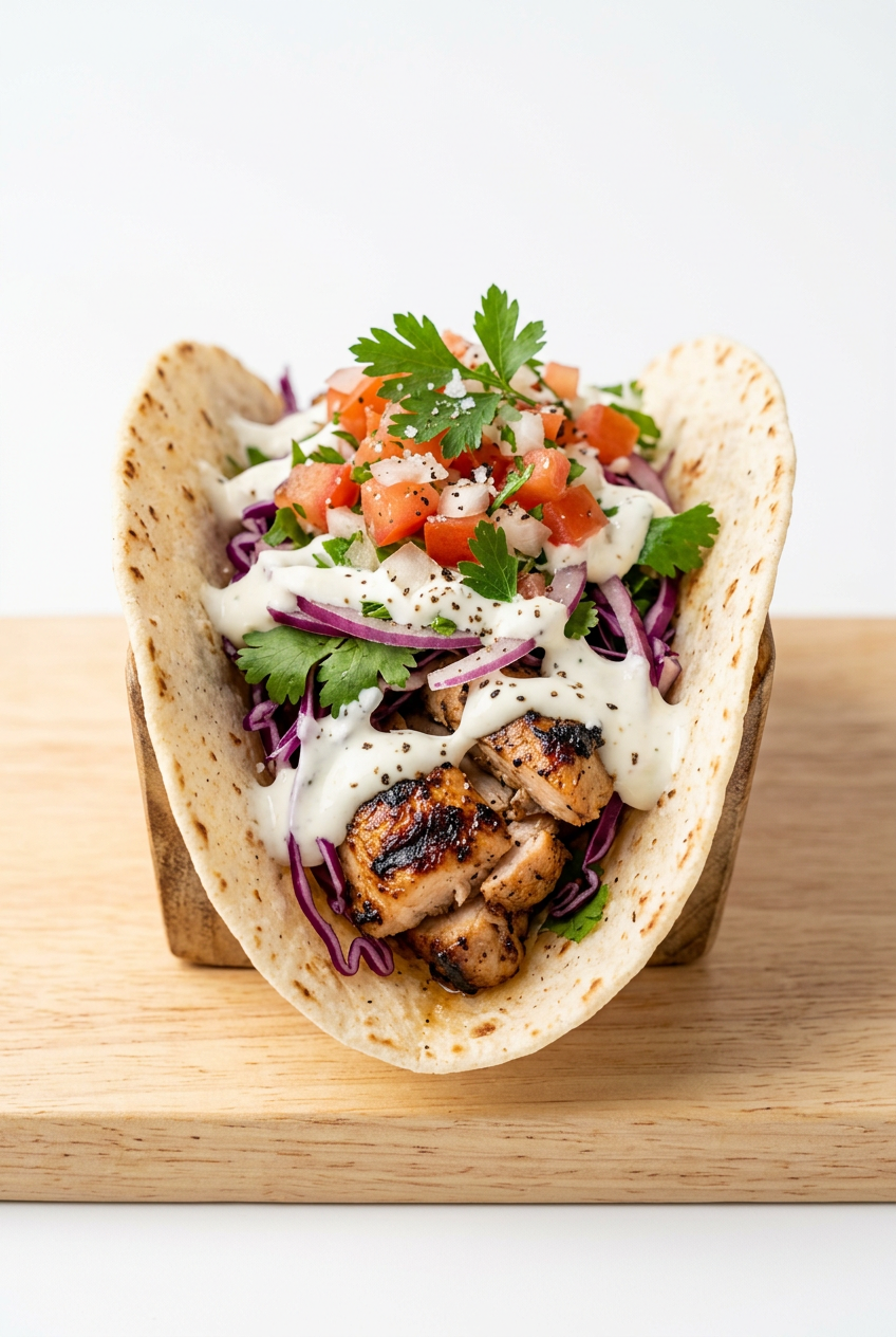 A high-quality, professional product photograph of a grilled chicken taco filled