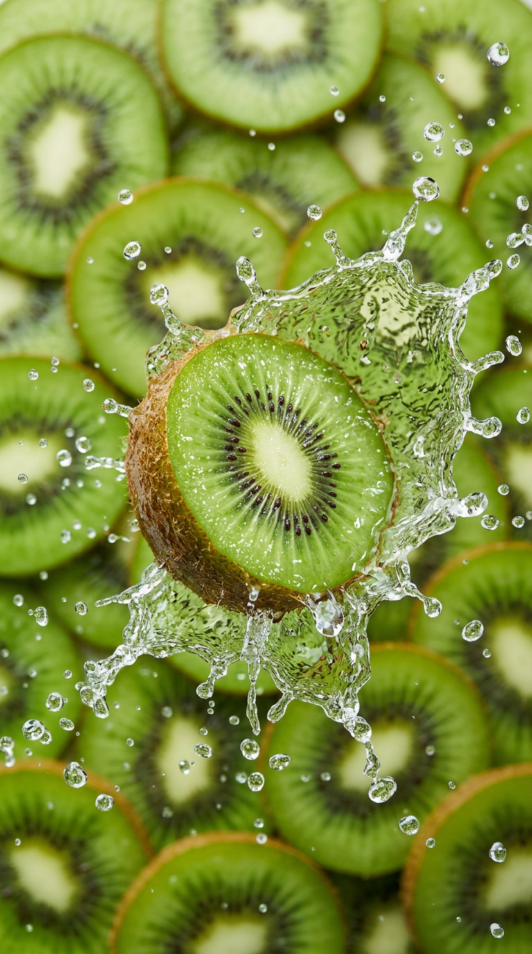 A hyper-realistic image of a sliced kiwi splashing in a spray of water with drop