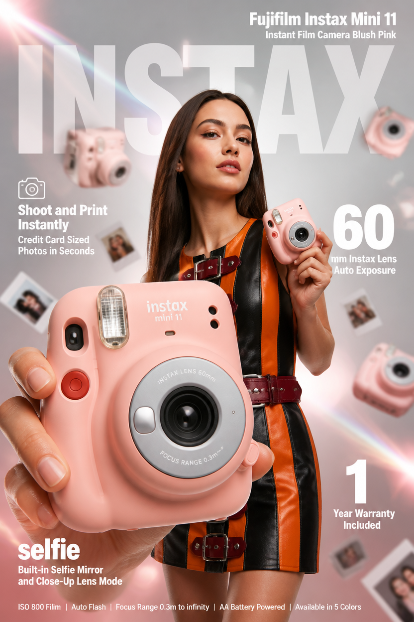High-impact e-commerce infographic advertisement for "Fujifilm Instax Mini 11" b