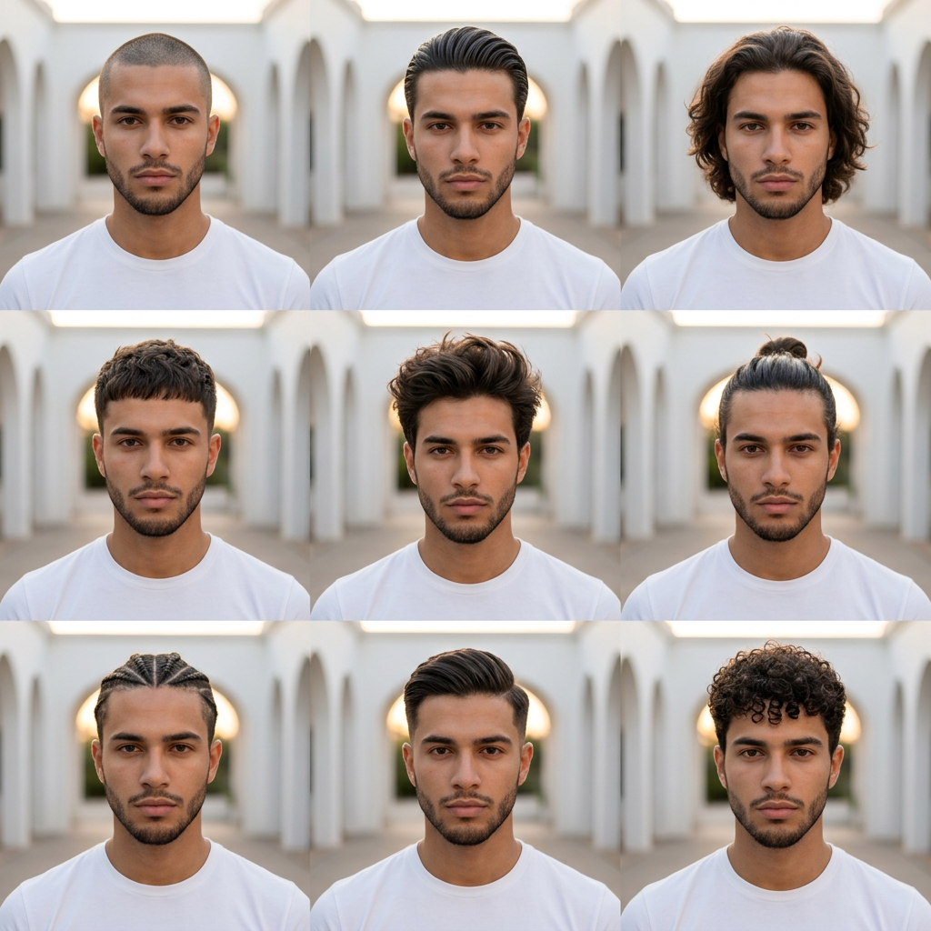 description: "A clean, aesthetic 3x3 collage portrait showcasing different men's
