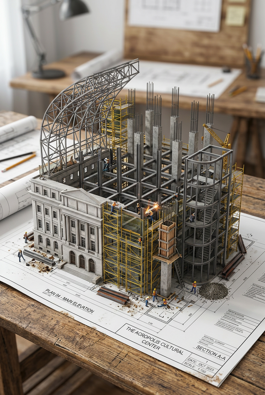 An architectural blueprint of {BUILDING_NAME} placed on a {SURFACE}, with a phot