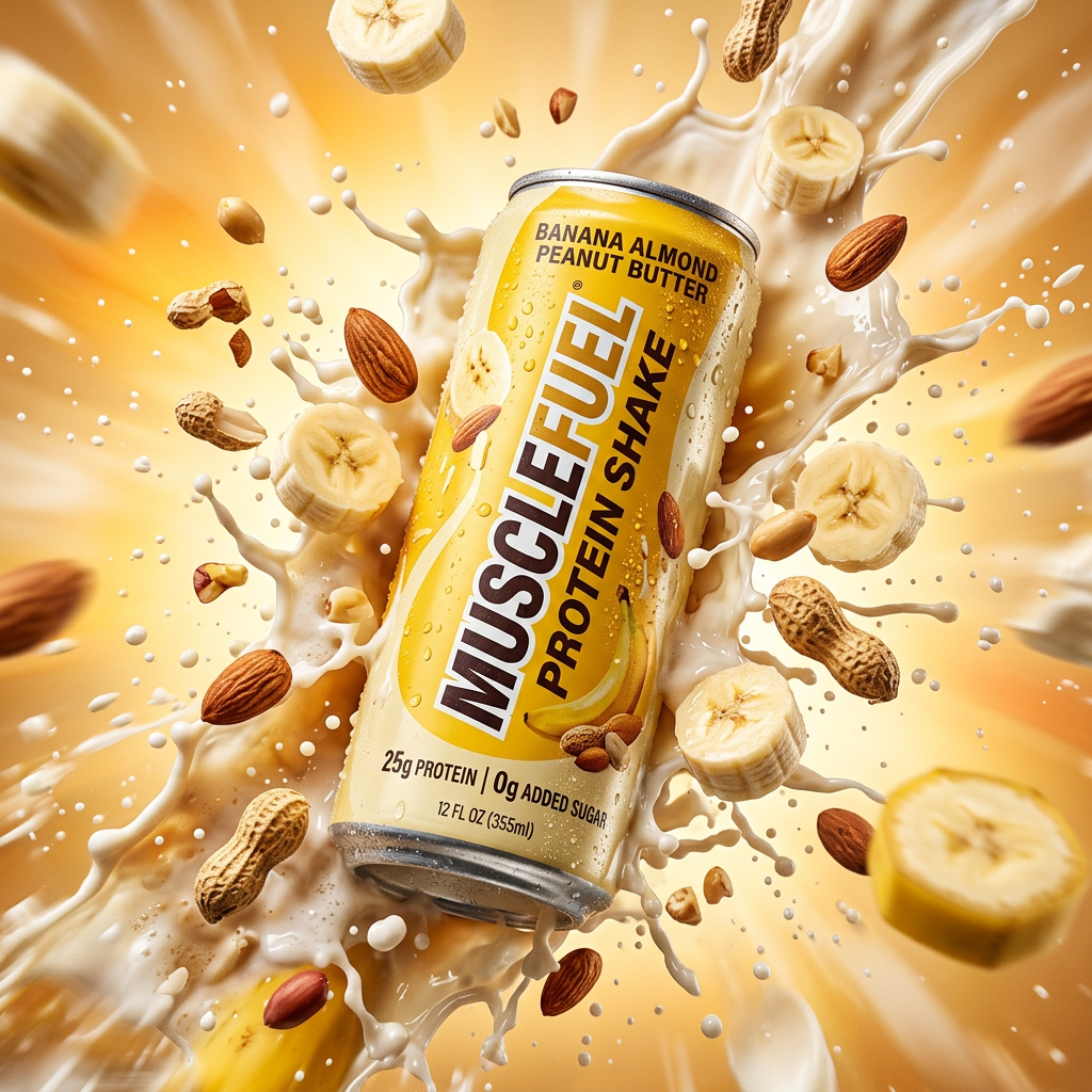 Hyper-realistic product advertisement of a protein shake can with yellow and cre