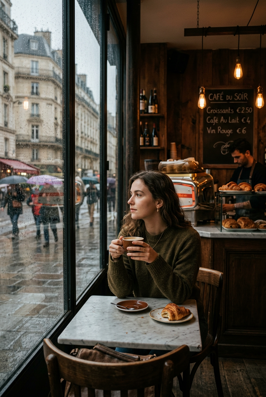 Cinematic photo of a young woman sitting alone in a cozy Parisian café on a rain