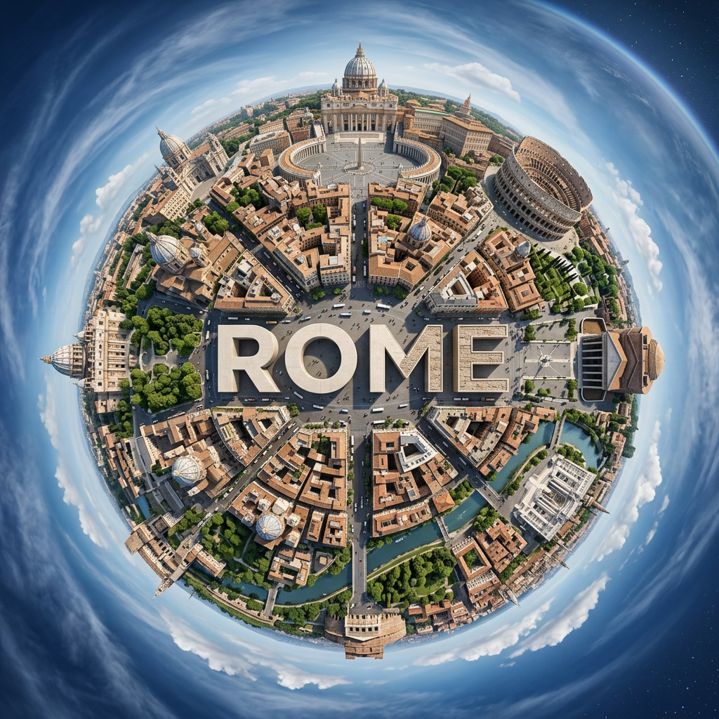 Create a hyperrealistic, surreal spherical panorama of ROME, with its most iconi