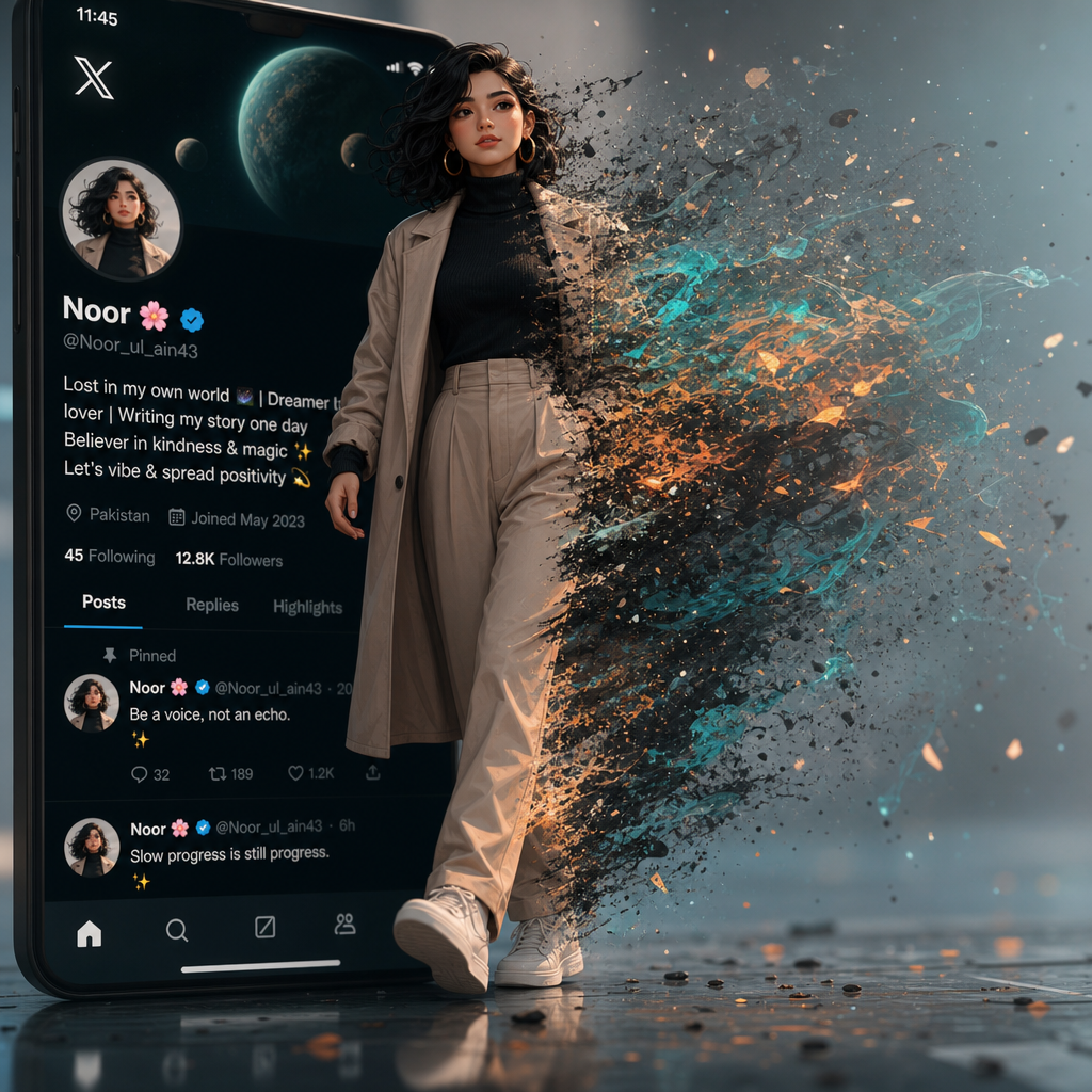A cinematic digital artwork of a stylish animated girl walking out of a modern X