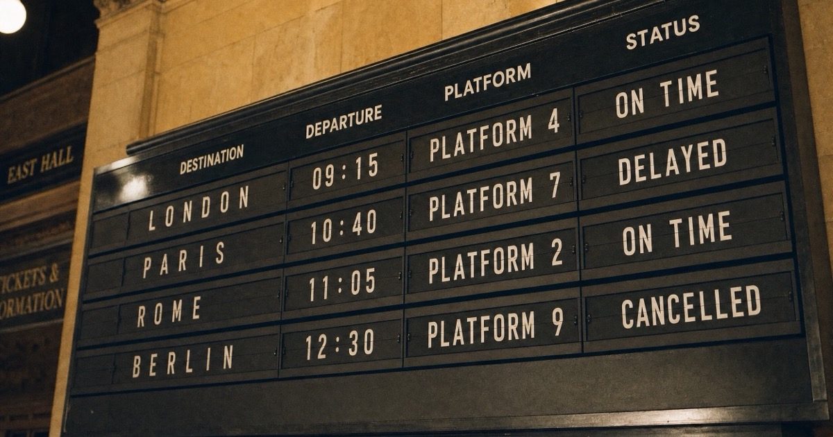 GPT Image 2 vs Nano Banana Pro cover: a split-flap departure board listing London, Paris, Rome and Berlin with times, platforms and status, generated by GPT Image 2 at 2K High
