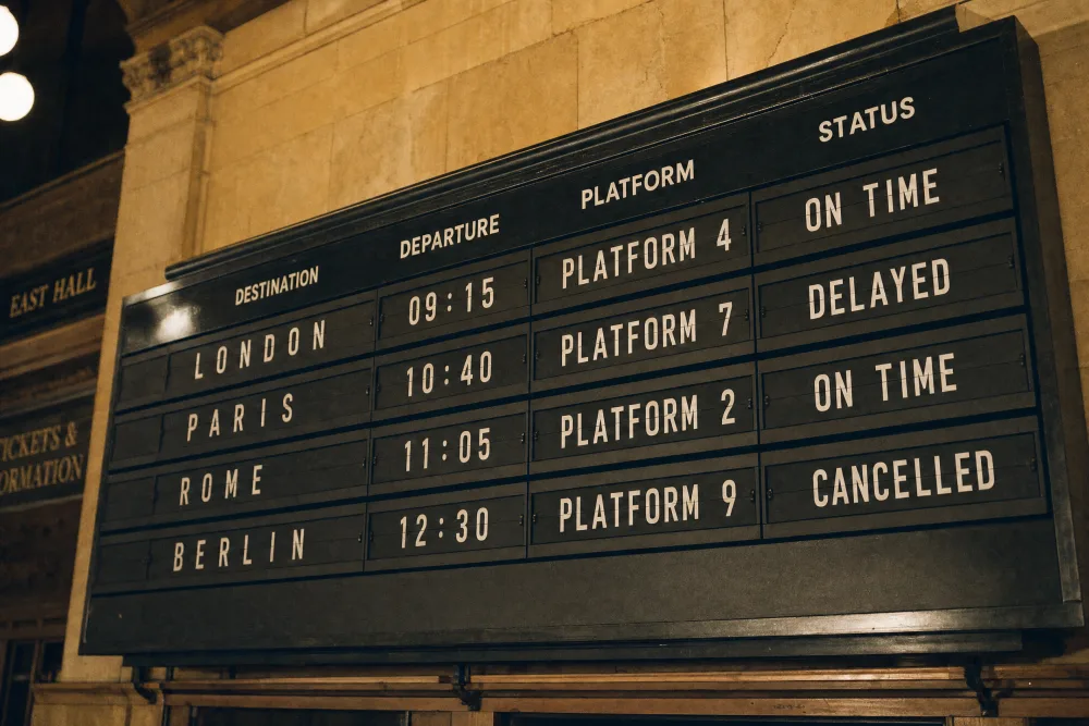 GPT Image 2 at High: the same board in a stone station hall, with East Hall and Tickets and Information signs visible in the background