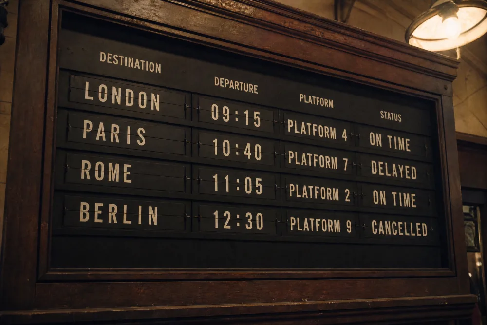 GPT Image 2 at Medium: a wooden-framed departure board with four rows and column headings reading Destination, Departure, Platform and Status