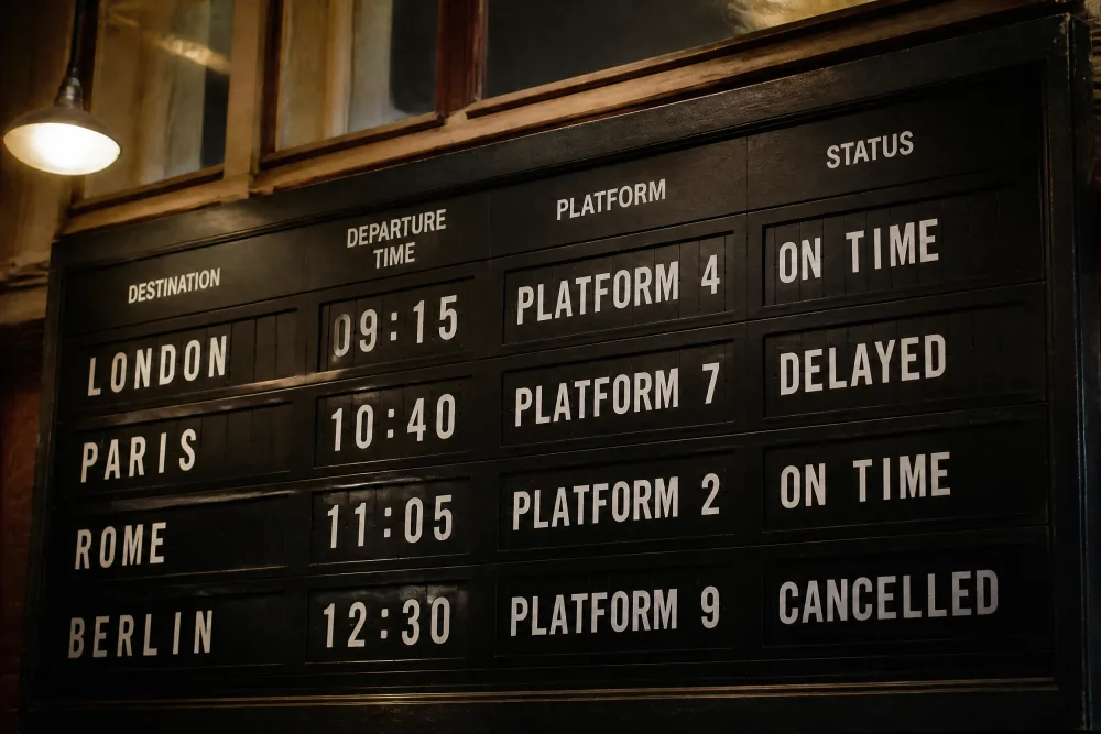 GPT Image 2 at Standard: a black departure board with white lettering and column headings, a lamp at the top left