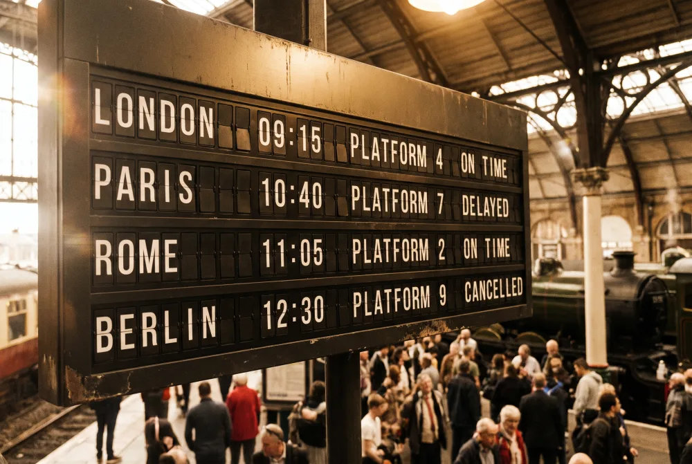 Nano Banana Pro: a split-flap board with four rows, each row a single line of tiles, in a station hall with a crowd and a steam locomotive