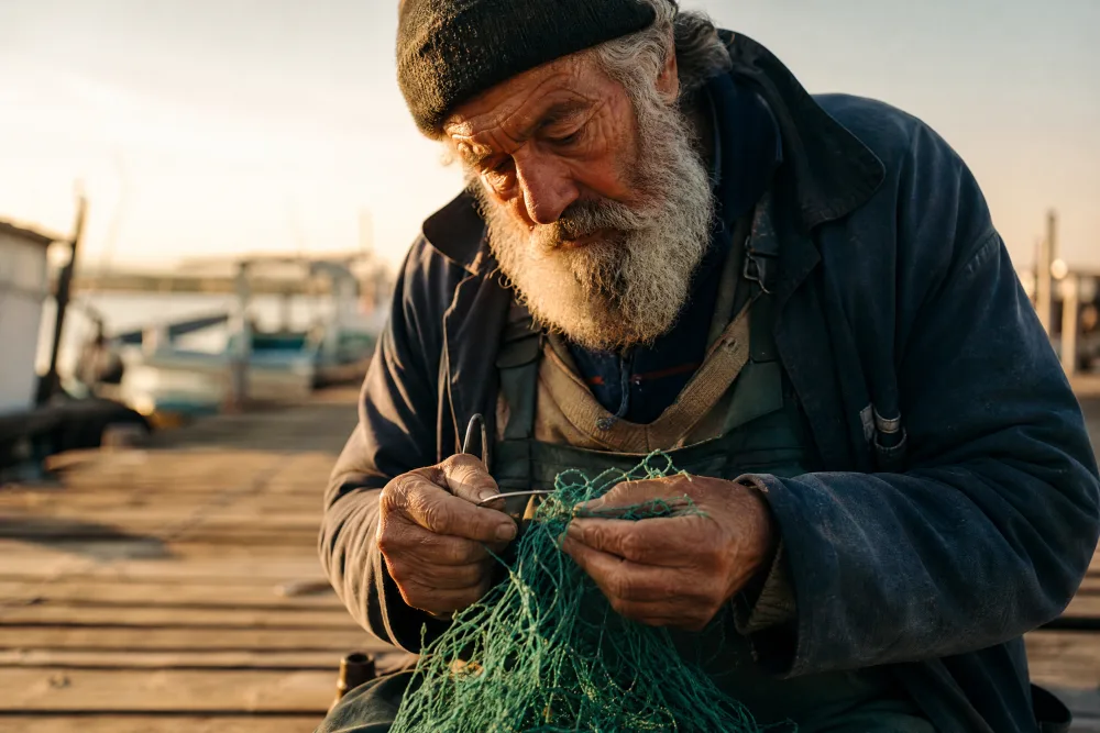 GPT Image 2 at Medium: a close portrait of an old fisherman in a knit cap and blue coat, with a detailed white beard and sharp hands on a green net