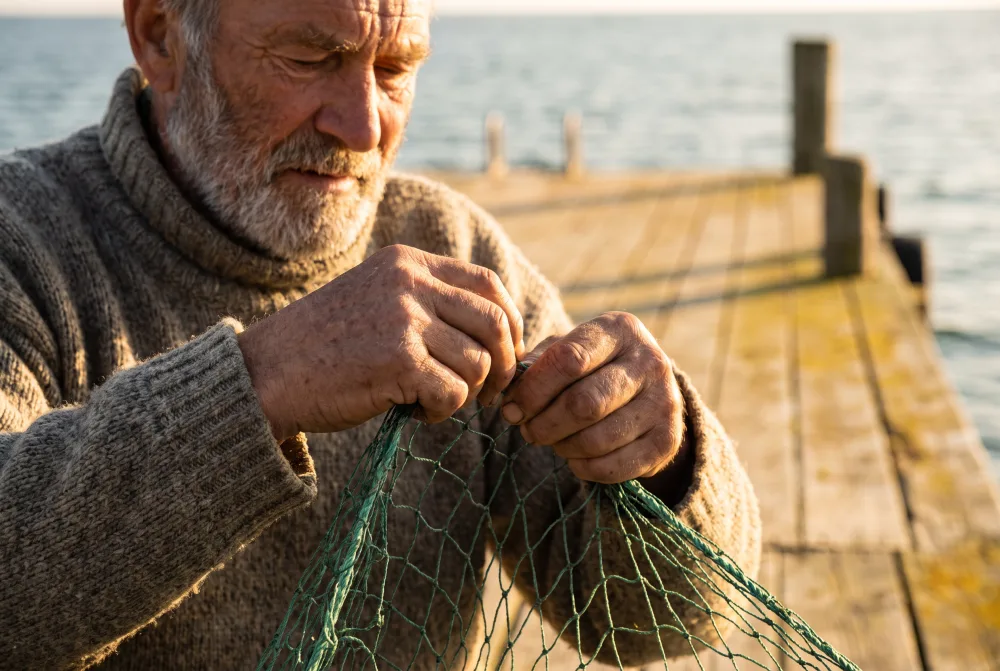 Nano Banana Pro: an old fisherman in a grey wool sweater mending a green net on a pier, with soft golden light and the sea behind