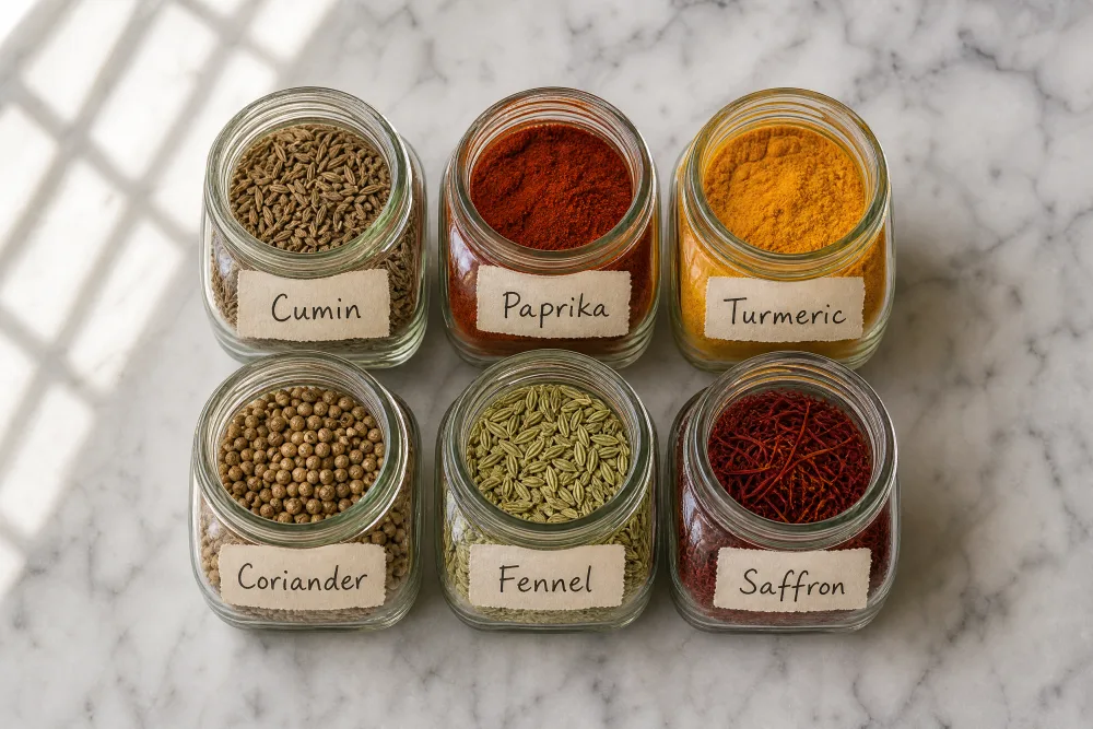 GPT Image 2 at Medium: six open glass jars of spices in two rows on a marble counter, each with a handwritten label reading Cumin, Paprika, Turmeric, Coriander, Fennel and Saffron