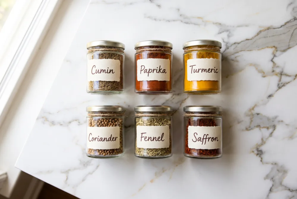 Nano Banana Pro: six lidded jars tied with twine in two even rows on veined marble, with the same six handwritten labels