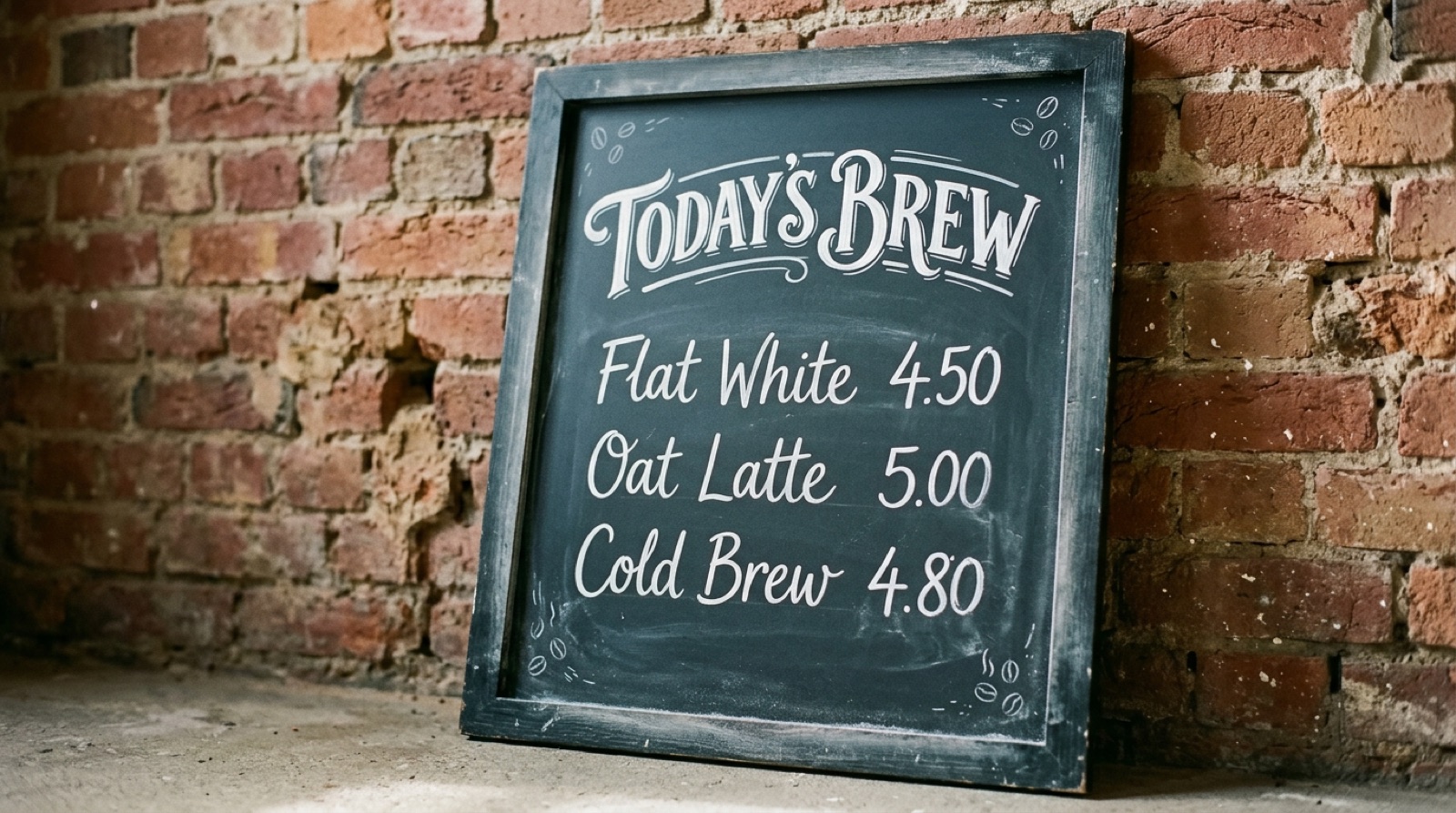 Nano Banana 2.1 output: a chalkboard menu leaning against a brick wall, with the heading and three priced lines spelled exactly as written