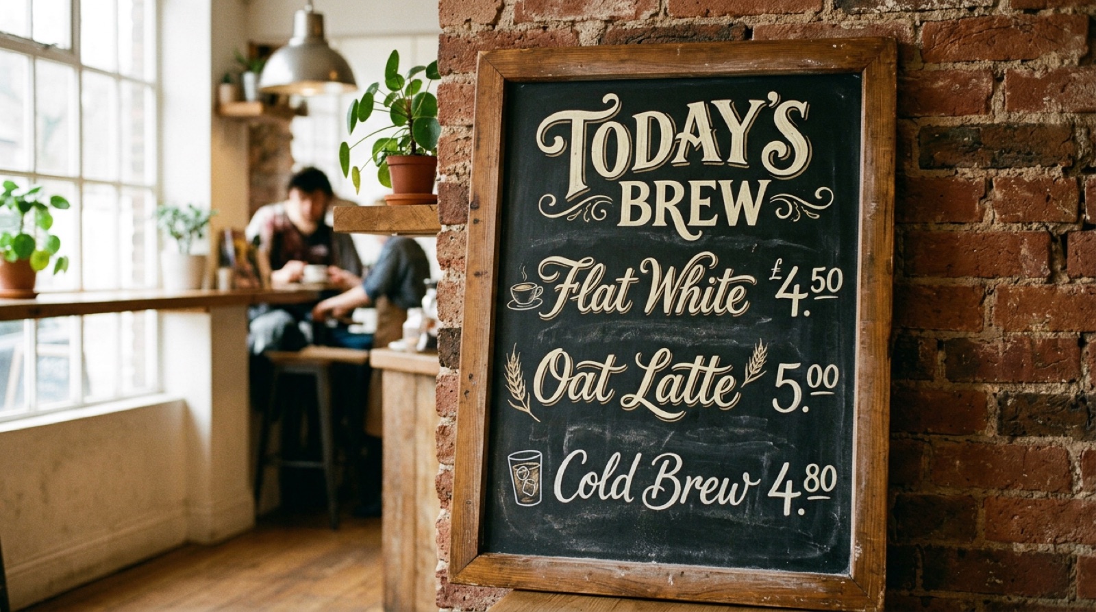 Nano Banana 2 output: a framed chalkboard menu in a busy cafe with customers, a currency symbol added before the first price, and small icons next to each item