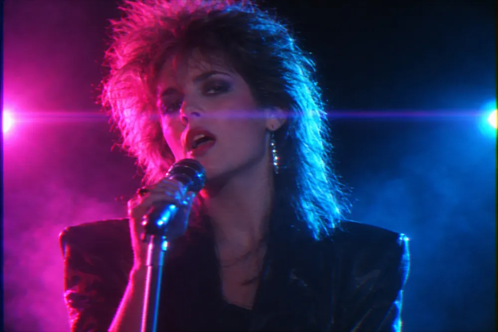 1984 music video frame with magenta and cyan neon rim light and haze