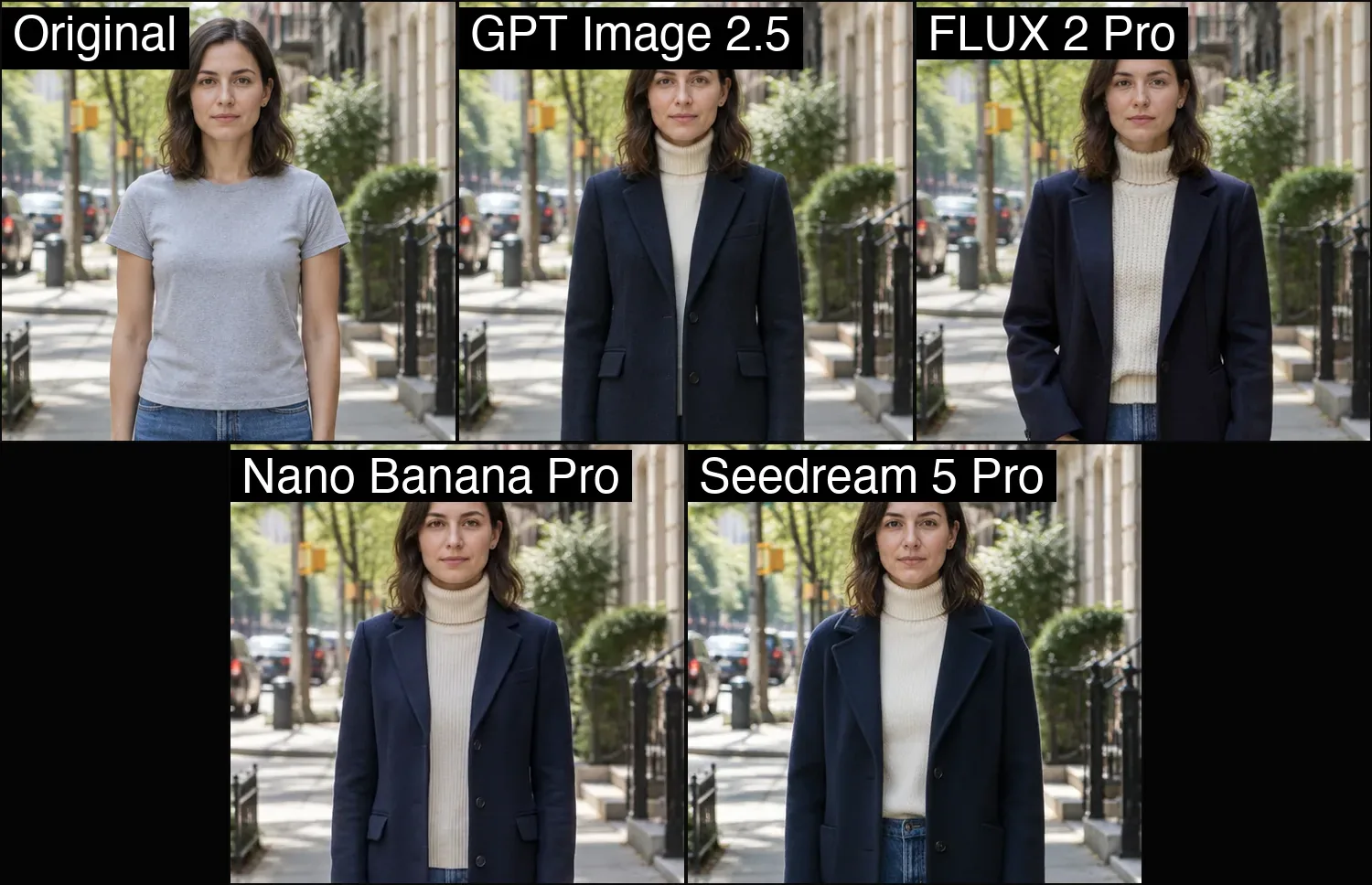 La foto original y cuatro modelos que visten a la persona con un abrigo azul marino sobre un jersey de cuello alto color crema