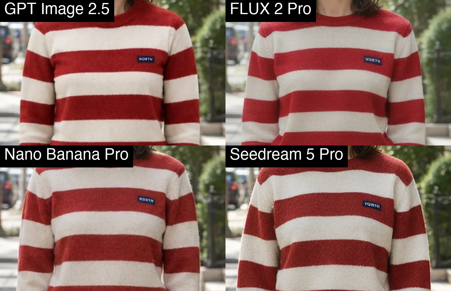 Primeros planos del pecho de cuatro modelos con el jersey de rayas rojas y crema: rayas, hombros, mangas y la pequeña etiqueta