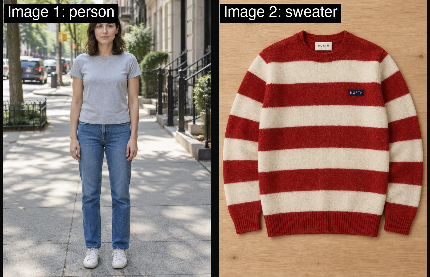 Las dos fotos de entrada de la prueba: una persona de frente y un jersey de rayas en plano