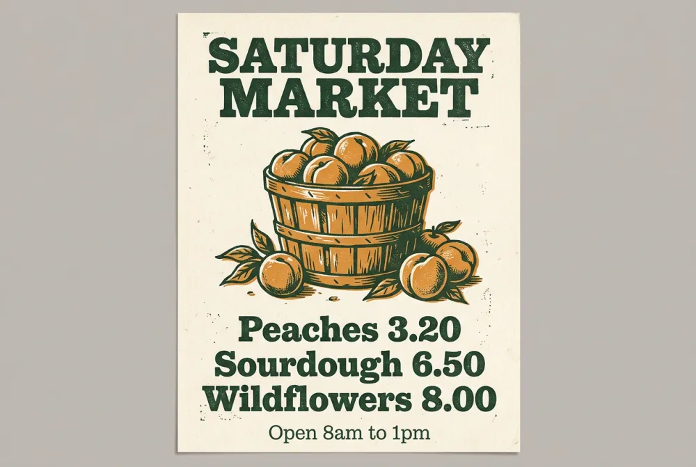 Nano Banana 2.1 letterpress farmers market poster with a green and orange peach basket