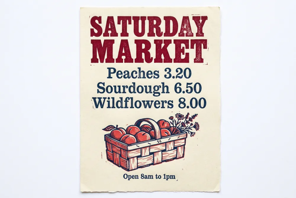Nano Banana Pro letterpress farmers market poster in red and navy on deckle-edged paper