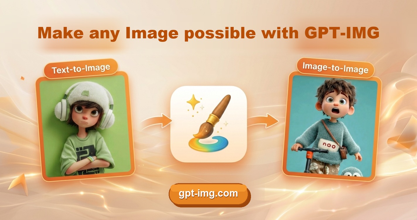 GPT-IMG banner showing a text-to-image result beside an image-to-image result, an example of how to blend two images together
